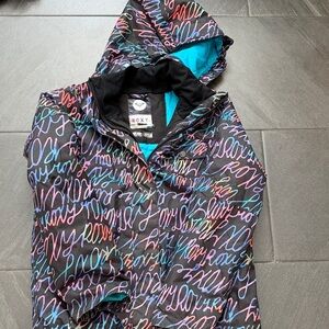 Roxy Kids Black Hooded Puffer with Neon Script Print